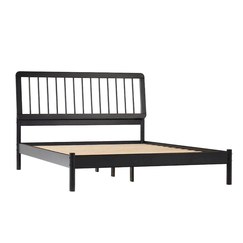 Cadre de lit queen avec tête de lit à barreaux en bois massif – Caramel / Pin naturel / Noir