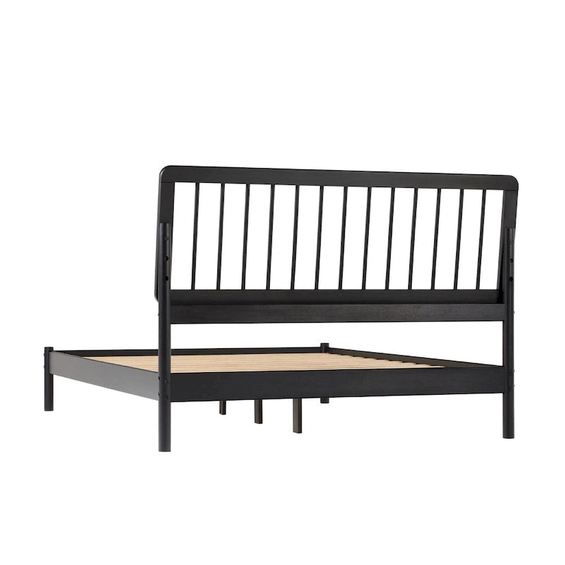 Cadre de lit queen avec tête de lit à barreaux en bois massif – Caramel / Pin naturel / Noir