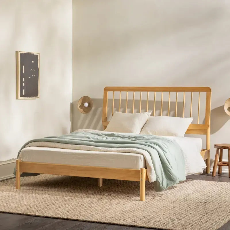 Cadre de lit queen avec tête de lit à barreaux en bois massif – Caramel / Pin naturel / Noir