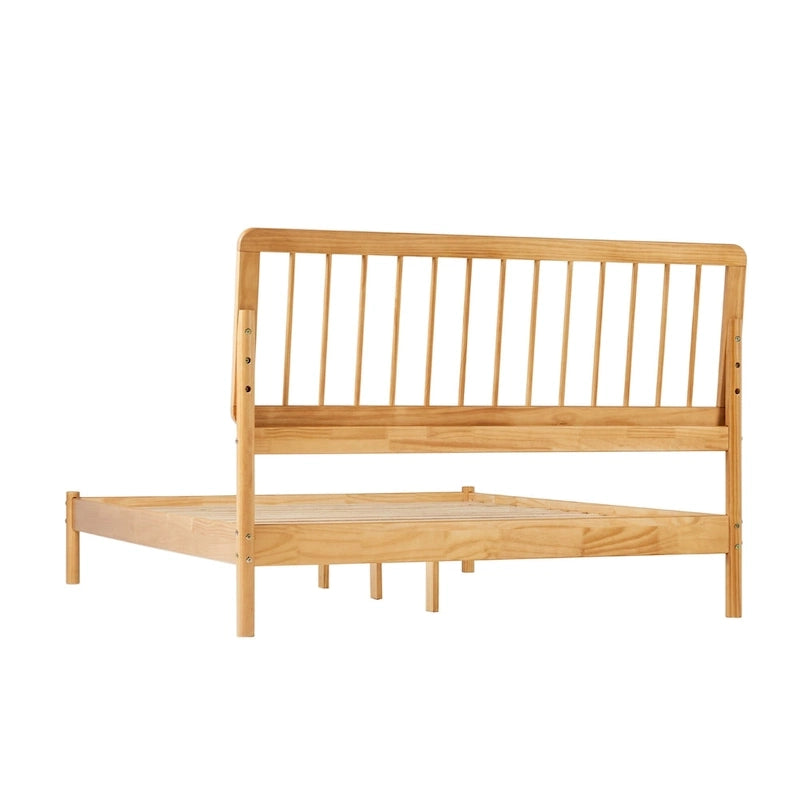 Cadre de lit queen avec tête de lit à barreaux en bois massif – Caramel / Pin naturel / Noir
