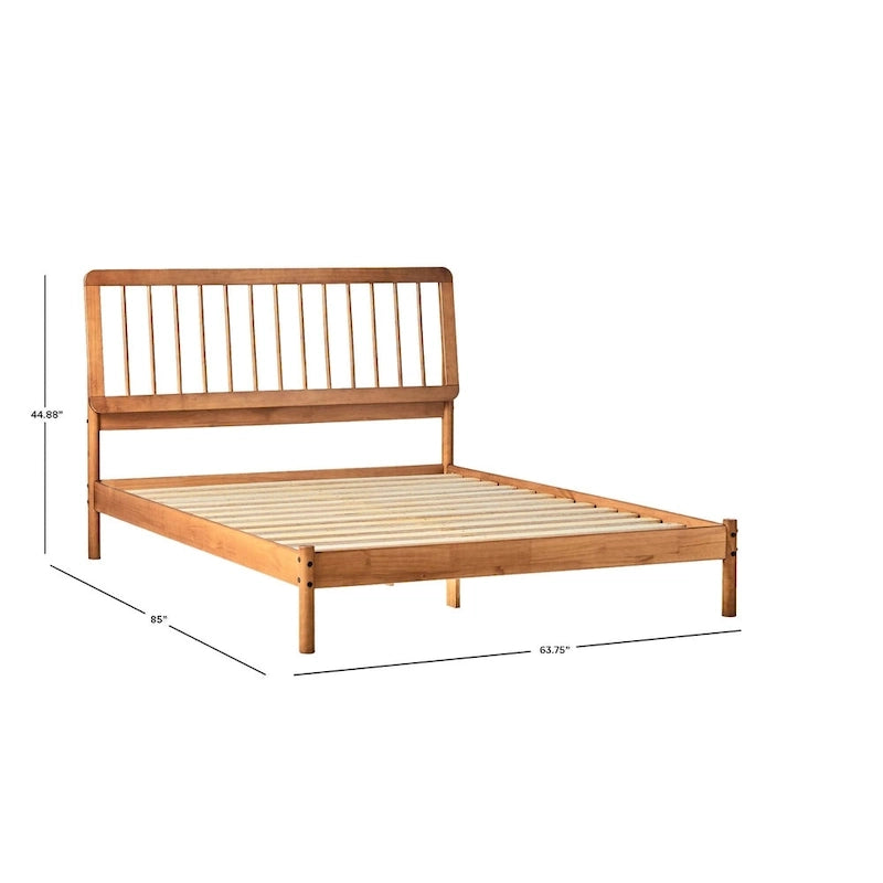Cadre de lit queen avec tête de lit à barreaux en bois massif – Caramel / Pin naturel / Noir