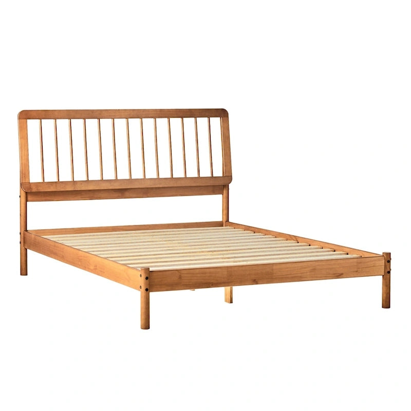 Cadre de lit queen avec tête de lit à barreaux en bois massif – Caramel / Pin naturel / Noir
