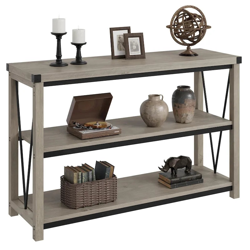 Farmhouse Narrow Console Table with 3-Tier Storage – Brown / Grey