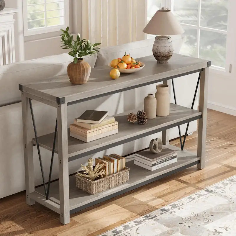 Farmhouse Narrow Console Table with 3-Tier Storage – Brown / Grey