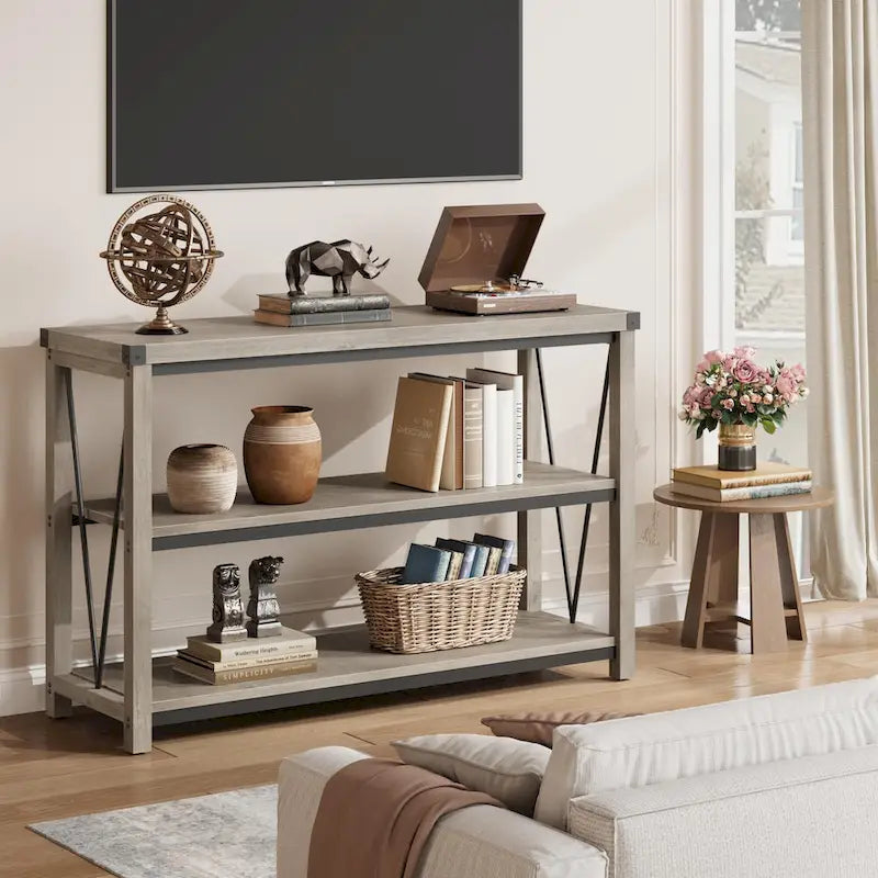 Farmhouse Narrow Console Table with 3-Tier Storage – Brown / Grey