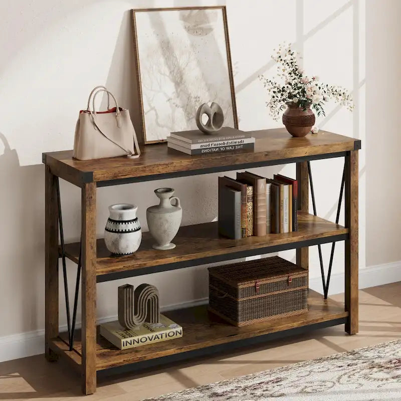 Farmhouse Narrow Console Table with 3-Tier Storage – Brown / Grey