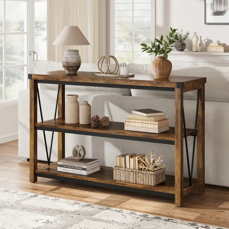Farmhouse Narrow Console Table with 3-Tier Storage – Brown / Grey