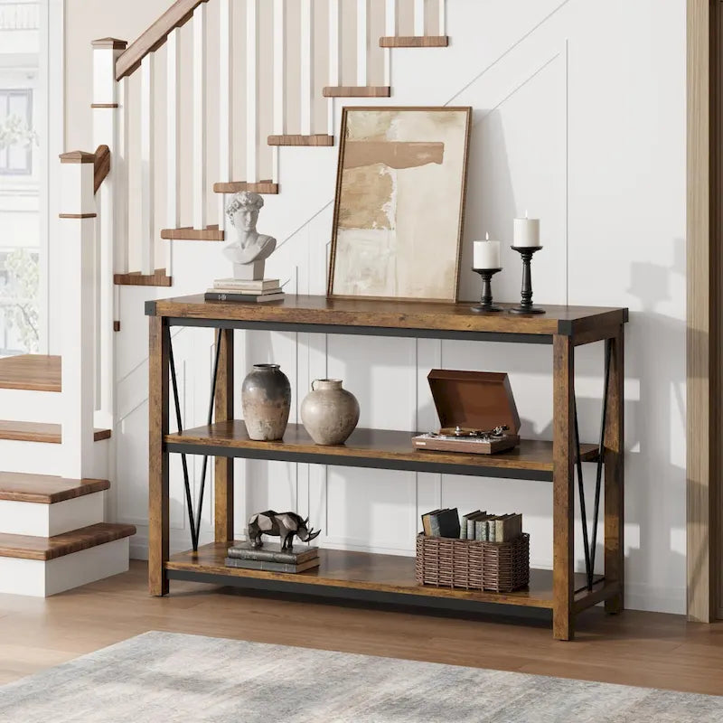 Farmhouse Narrow Console Table with 3-Tier Storage – Brown / Grey