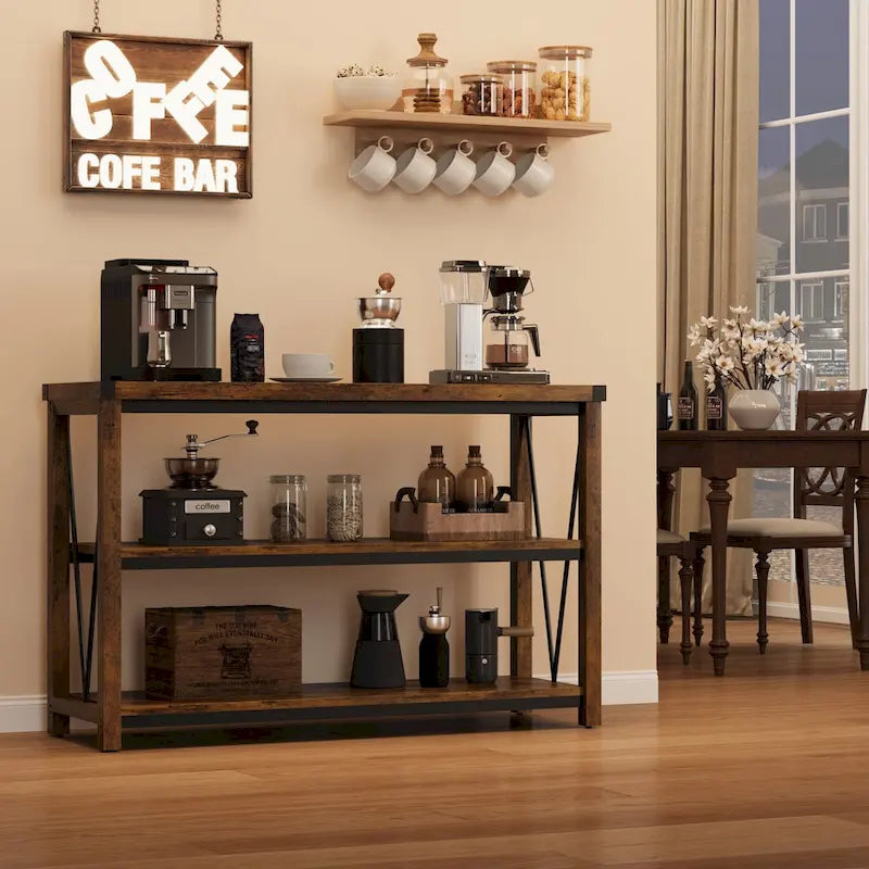 Farmhouse Narrow Console Table with 3-Tier Storage – Brown / Grey