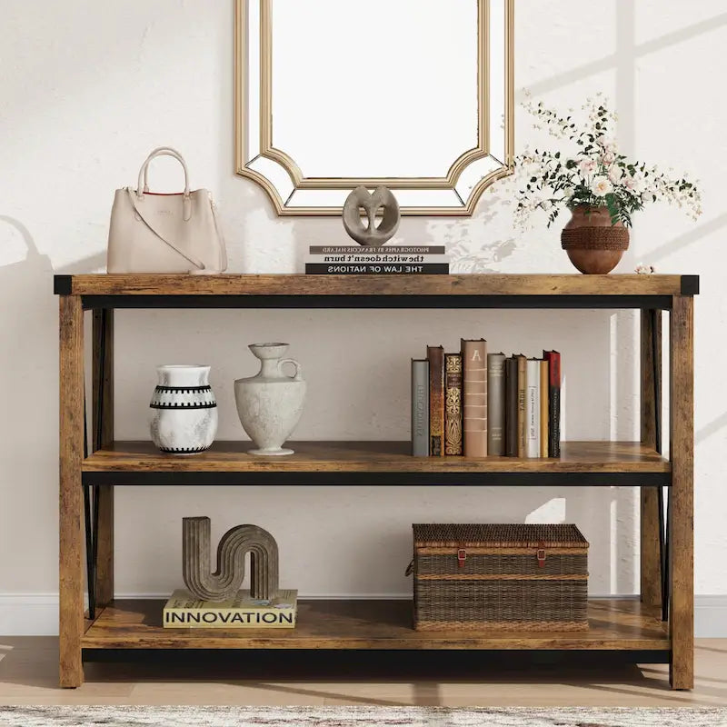 Farmhouse Narrow Console Table with 3-Tier Storage – Brown / Grey