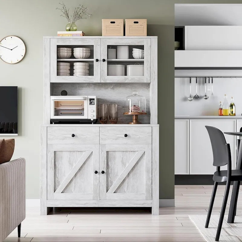 Farmhouse Kitchen Pantry Cabinet with Microwave Stand, Adjustable Shelves & Tempered Glass – White / Grey / Black