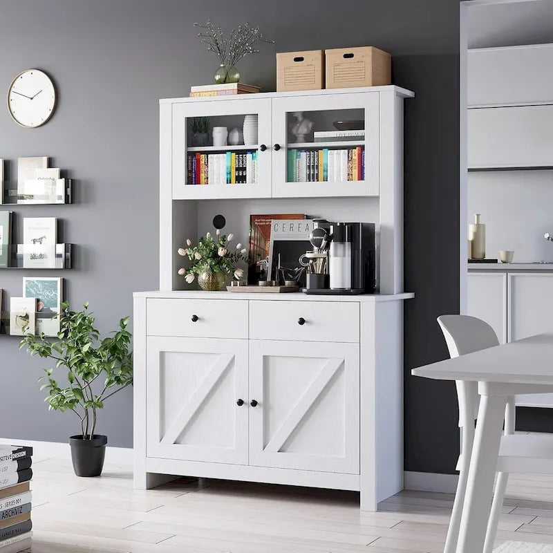 Farmhouse Kitchen Pantry Cabinet with Microwave Stand, Adjustable Shelves & Tempered Glass – White / Grey / Black