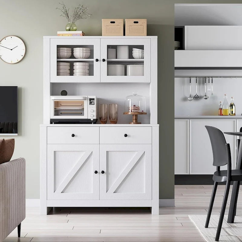 Farmhouse Kitchen Pantry Cabinet with Microwave Stand, Adjustable Shelves & Tempered Glass – White / Grey / Black