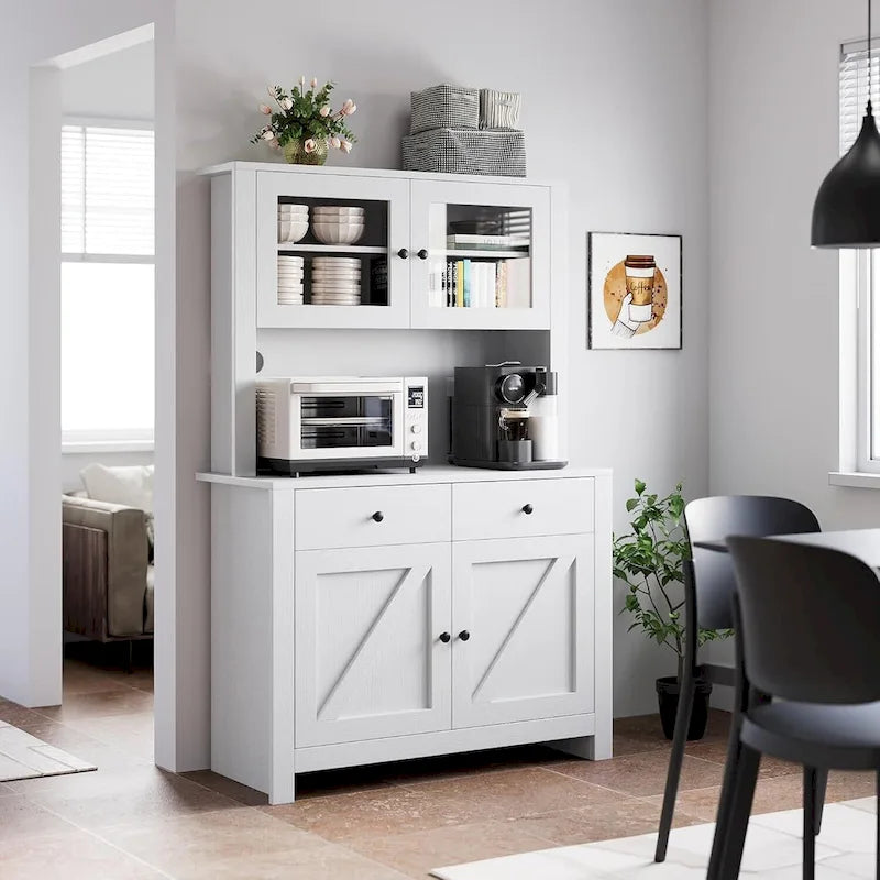 Farmhouse Kitchen Pantry Cabinet with Microwave Stand, Adjustable Shelves & Tempered Glass – White / Grey / Black