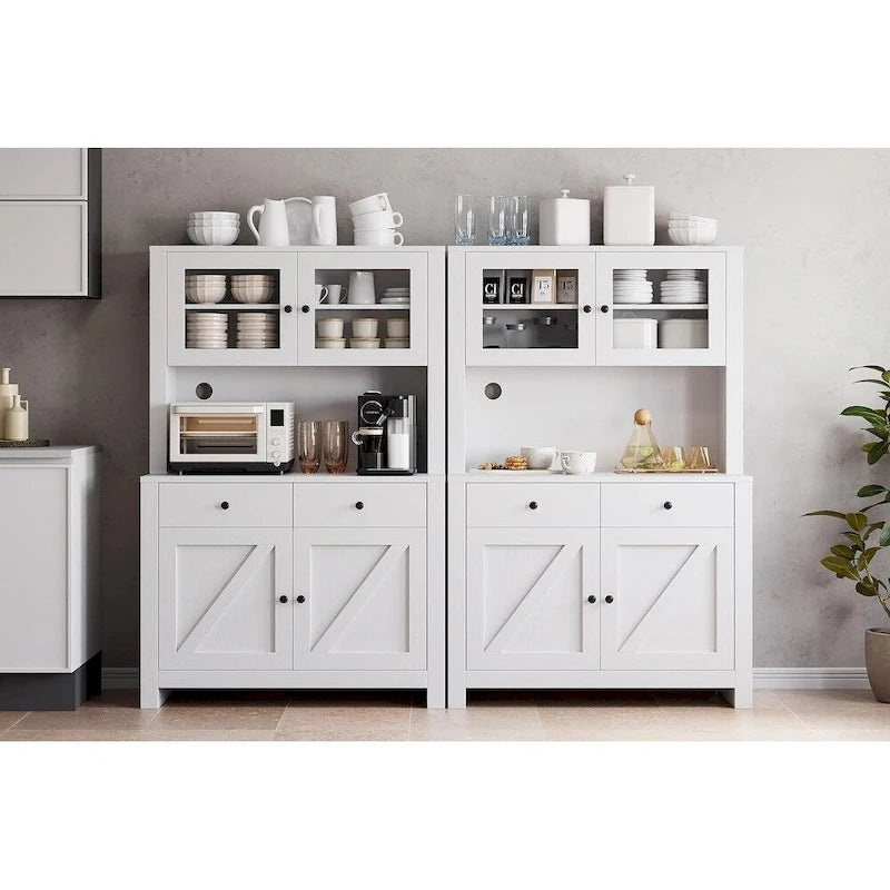Farmhouse Kitchen Pantry Cabinet with Microwave Stand, Adjustable Shelves & Tempered Glass – White / Grey / Black