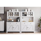 Farmhouse Kitchen Pantry Cabinet with Microwave Stand, Adjustable Shelves & Tempered Glass – White / Grey / Black