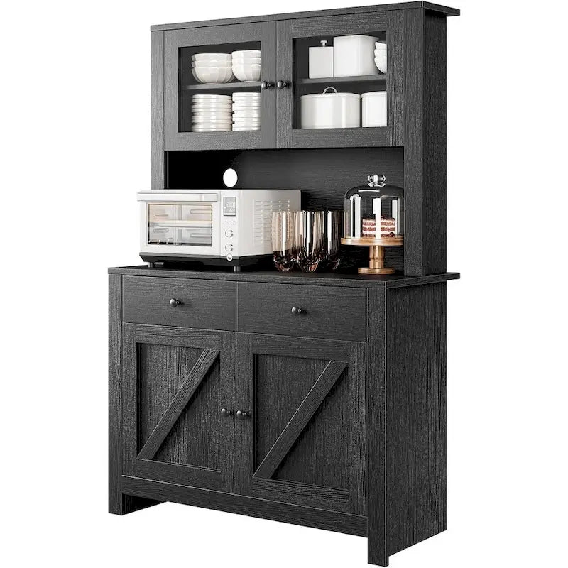 Farmhouse Kitchen Pantry Cabinet with Microwave Stand, Adjustable Shelves & Tempered Glass – White / Grey / Black
