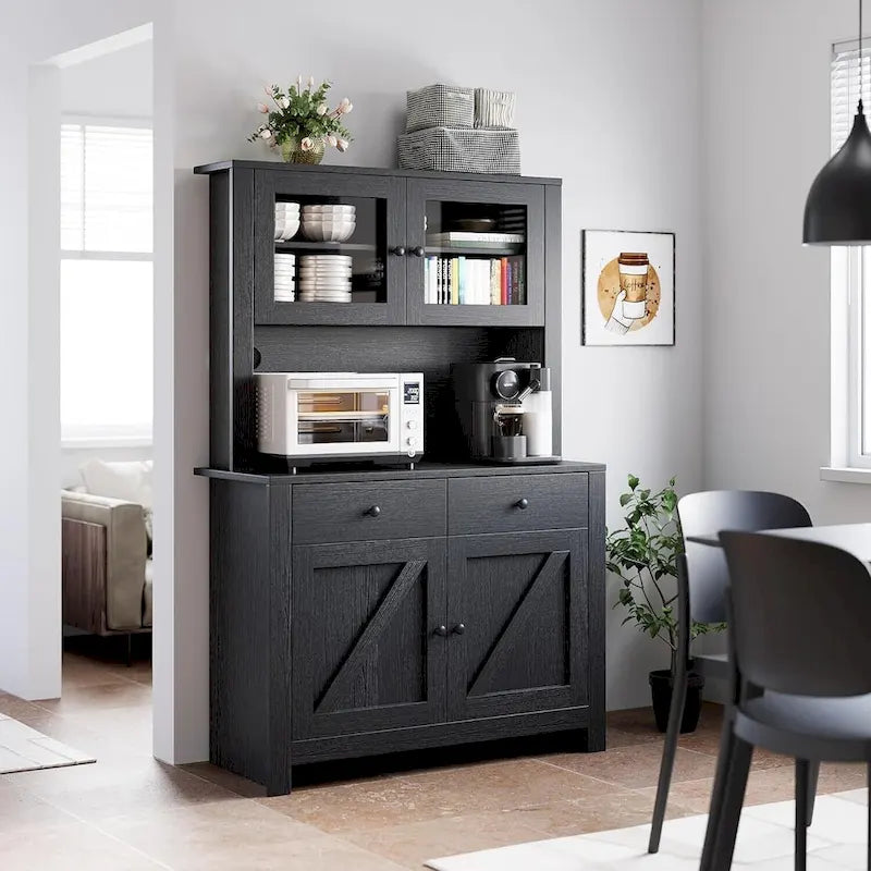 Farmhouse Kitchen Pantry Cabinet with Microwave Stand, Adjustable Shelves & Tempered Glass – White / Grey / Black