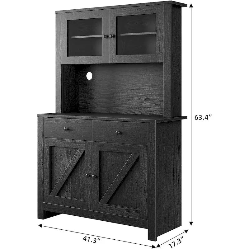 Farmhouse Kitchen Pantry Cabinet with Microwave Stand, Adjustable Shelves & Tempered Glass – White / Grey / Black