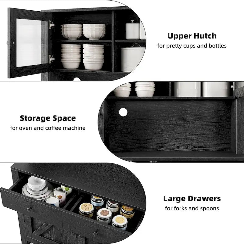 Farmhouse Kitchen Pantry Cabinet with Microwave Stand, Adjustable Shelves & Tempered Glass – White / Grey / Black