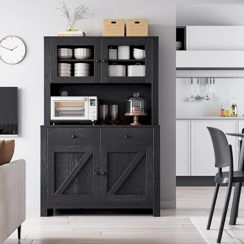 Farmhouse Kitchen Pantry Cabinet with Microwave Stand, Adjustable Shelves & Tempered Glass – White / Grey / Black