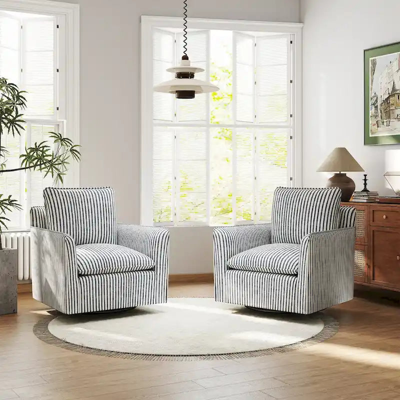 360° Swivel Barrel Accent Chair with Striped Linen & Padded Backrest – Dark Blue / Brown – 1-Seater