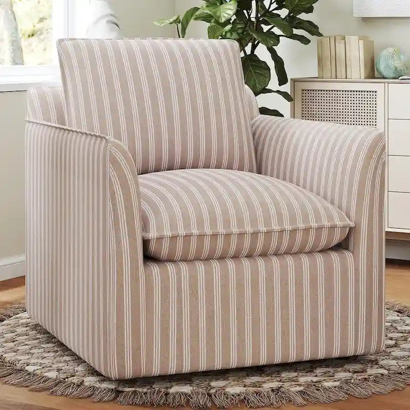 360° Swivel Barrel Accent Chair with Striped Linen & Padded Backrest – Dark Blue / Brown – 1-Seater