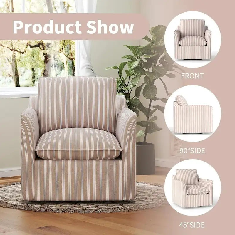 360° Swivel Barrel Accent Chair with Striped Linen & Padded Backrest – Dark Blue / Brown – 1-Seater
