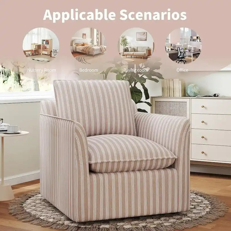 360° Swivel Barrel Accent Chair with Striped Linen & Padded Backrest – Dark Blue / Brown – 1-Seater