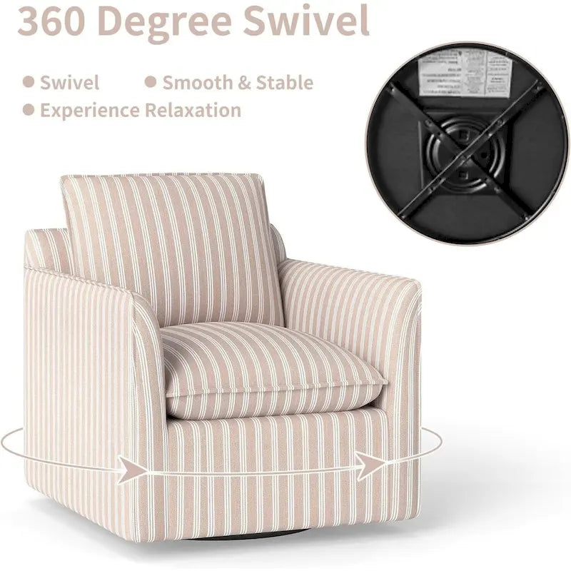 Fauteuil d'appoint pivotant à 360° avec revêtement en lin rayé et dossier rembourré – Bleu foncé / Marron – 1 place