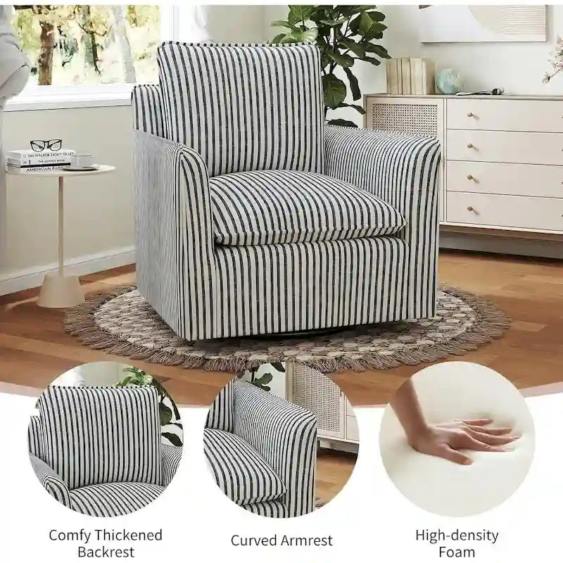 Fauteuil d'appoint pivotant à 360° avec revêtement en lin rayé et dossier rembourré – Bleu foncé / Marron – 1 place