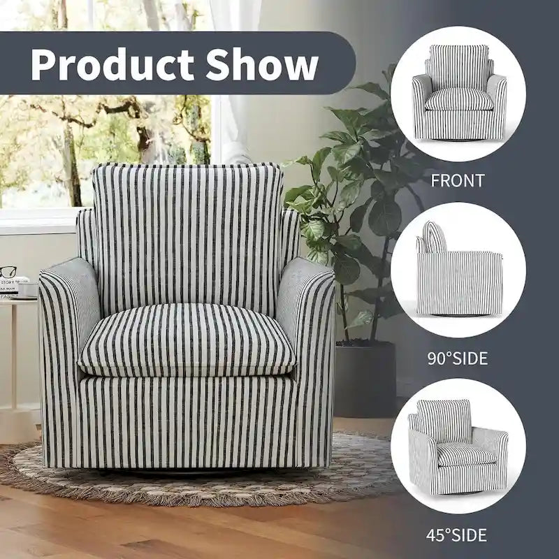 Fauteuil d'appoint pivotant à 360° avec revêtement en lin rayé et dossier rembourré – Bleu foncé / Marron – 1 place