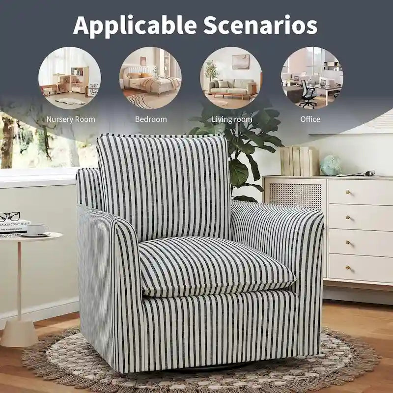 Fauteuil d'appoint pivotant à 360° avec revêtement en lin rayé et dossier rembourré – Bleu foncé / Marron – 1 place