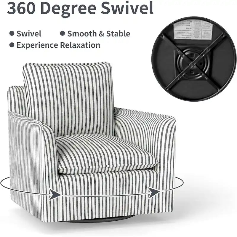 Fauteuil d'appoint pivotant à 360° avec revêtement en lin rayé et dossier rembourré – Bleu foncé / Marron – 1 place