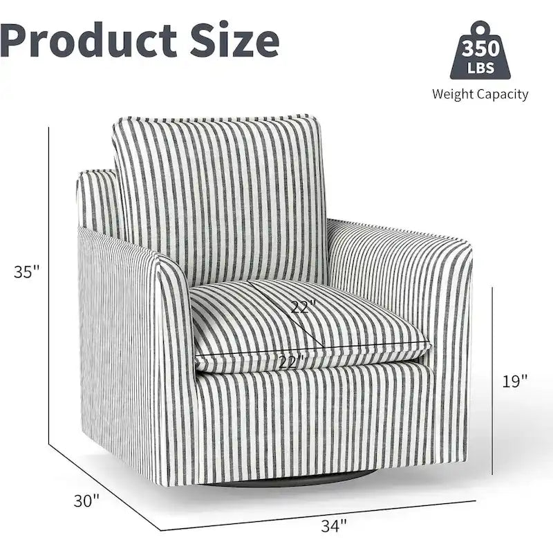 Fauteuil d'appoint pivotant à 360° avec revêtement en lin rayé et dossier rembourré – Bleu foncé / Marron – 1 place