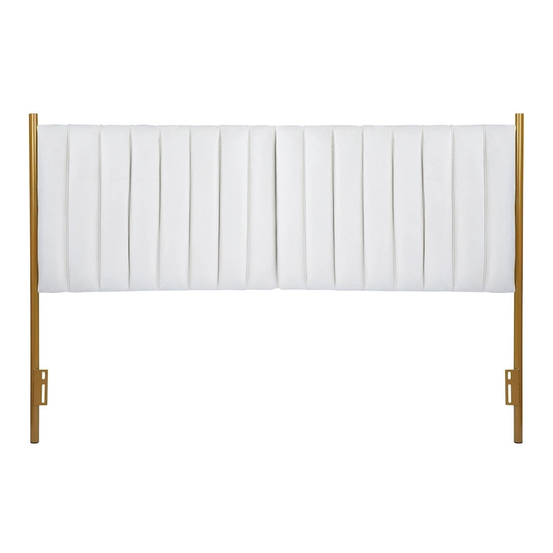 Tête de lit King size en velours capitonné avec motifs verticaux et cadre en métal doré – Crème / Noir / Gris / Vert Sauge