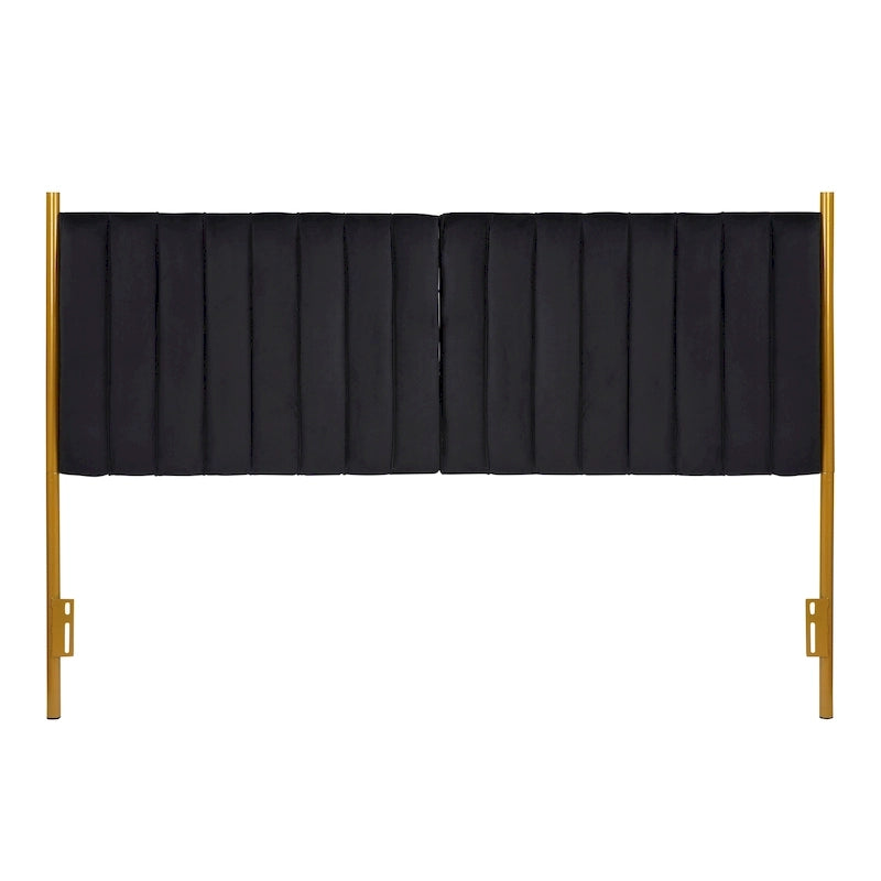 Tête de lit King size en velours capitonné avec motifs verticaux et cadre en métal doré – Crème / Noir / Gris / Vert Sauge