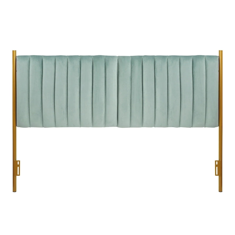 Tête de lit King size en velours capitonné avec motifs verticaux et cadre en métal doré – Crème / Noir / Gris / Vert Sauge