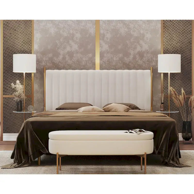 Tête de lit King size en velours capitonné avec motifs verticaux et cadre en métal doré – Crème / Noir / Gris / Vert Sauge