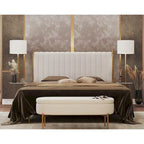 Tête de lit King size en velours capitonné avec motifs verticaux et cadre en métal doré – Crème / Noir / Gris / Vert Sauge