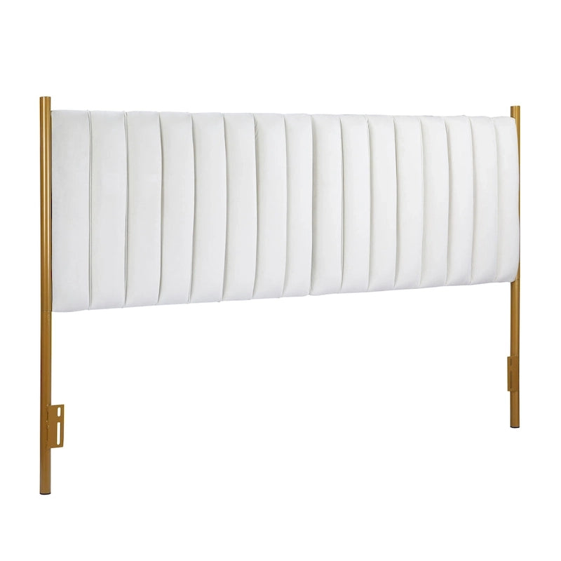 Tête de lit King size en velours capitonné avec motifs verticaux et cadre en métal doré – Crème / Noir / Gris / Vert Sauge