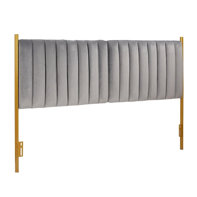 Tête de lit King size en velours capitonné avec motifs verticaux et cadre en métal doré – Crème / Noir / Gris / Vert Sauge