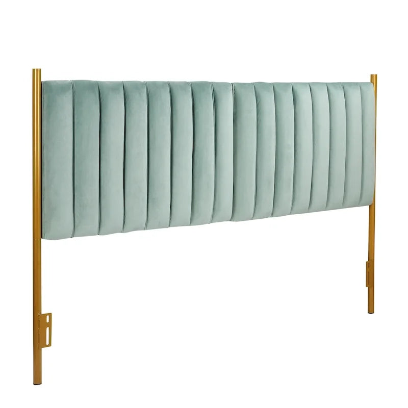 Tête de lit King size en velours capitonné avec motifs verticaux et cadre en métal doré – Crème / Noir / Gris / Vert Sauge