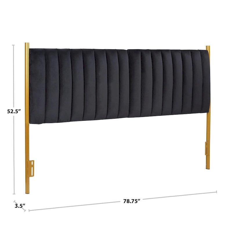 Tête de lit King size en velours capitonné avec motifs verticaux et cadre en métal doré – Crème / Noir / Gris / Vert Sauge