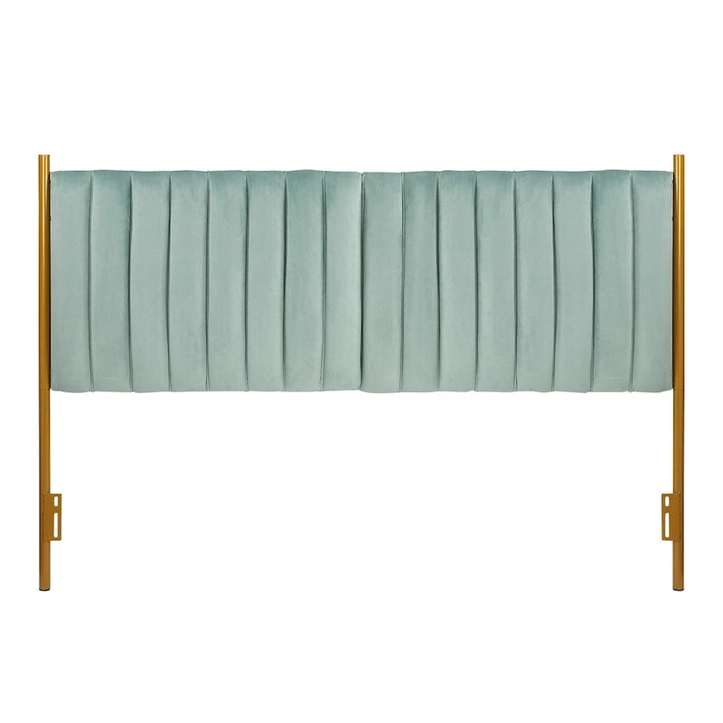 Tête de lit King size en velours capitonné avec motifs verticaux et cadre en métal doré – Crème / Noir / Gris / Vert Sauge