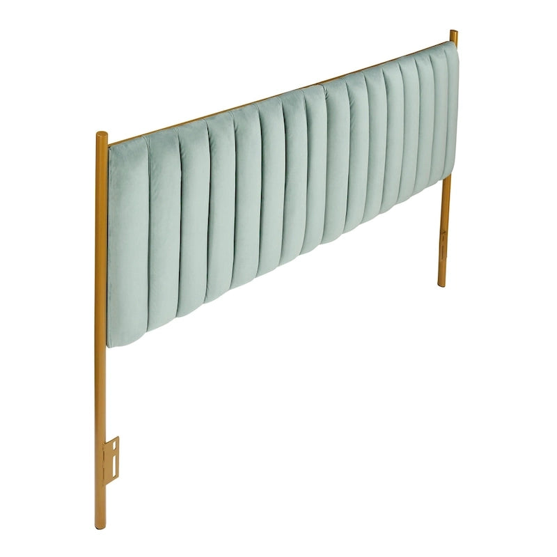 Tête de lit King size en velours capitonné avec motifs verticaux et cadre en métal doré – Crème / Noir / Gris / Vert Sauge