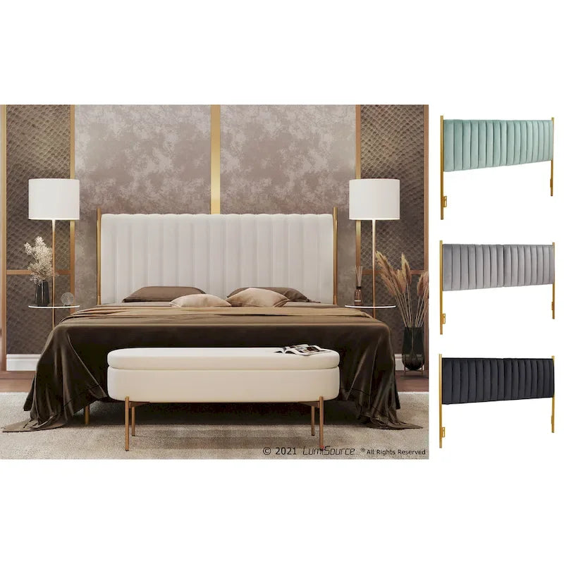 Tête de lit King size en velours capitonné avec motifs verticaux et cadre en métal doré – Crème / Noir / Gris / Vert Sauge