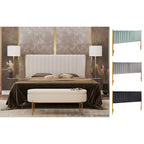 Tête de lit King size en velours capitonné avec motifs verticaux et cadre en métal doré – Crème / Noir / Gris / Vert Sauge
