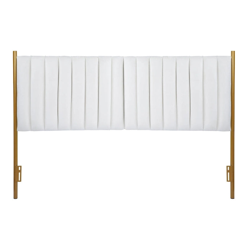 Tête de lit King size en velours capitonné avec motifs verticaux et cadre en métal doré – Crème / Noir / Gris / Vert Sauge