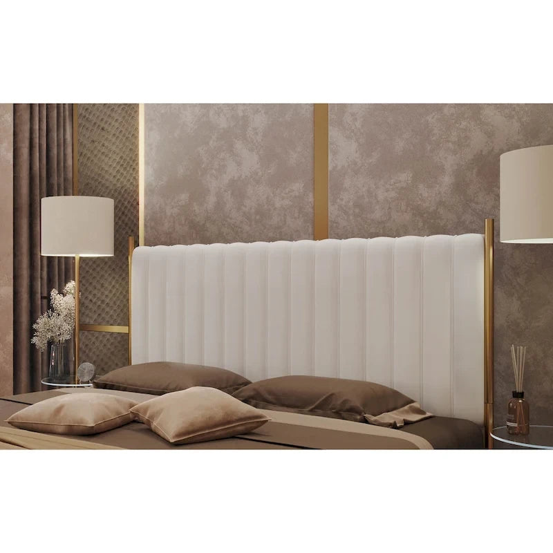 Tête de lit King size en velours capitonné avec motifs verticaux et cadre en métal doré – Crème / Noir / Gris / Vert Sauge